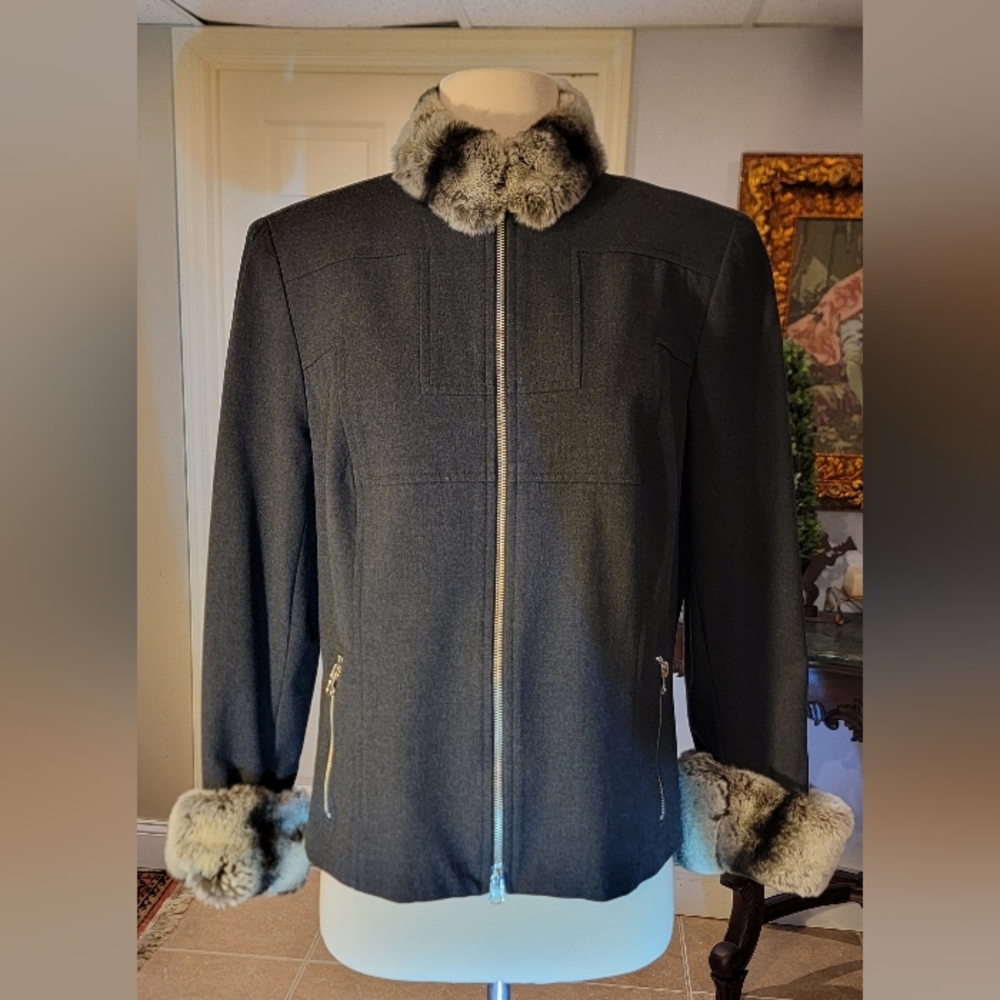 Juliana Collezione Dark Gray Zip-Front Blazer w/ Fur Trim | Made in USA SIZE 8